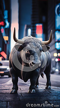 StockImage 3D illustration of big bull on blur city background Cartoon Illustration