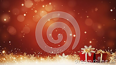 stockphoto, copy space, Gold Christmas and New Year Typographical on red Xmas background with winter landscape with snowflakes Stock Photo