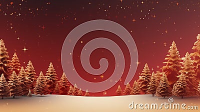 stockphoto, copy space, Gold Christmas and New Year Typographical on red Xmas background with winter landscape with snowflakes Stock Photo