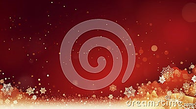 stockphoto, copy space, Gold Christmas and New Year Typographical on red Xmas background with winter landscape with snowflakes Stock Photo