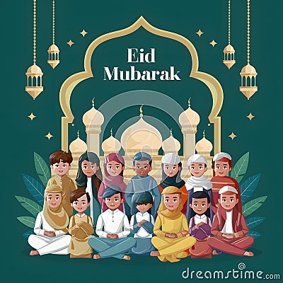 StockPhoto Cultural diversity and unity portrayed in festive Eid Mubarak poster Stock Photo