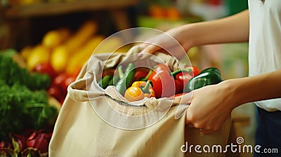 stockphoto, Female hands puts fruits and vegetables in cotton produce bag at food market. Reusable eco bag for shopping. Stock Photo