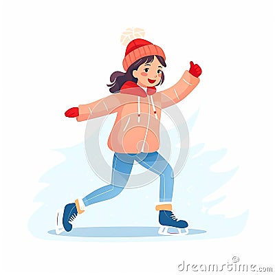 stockphoto, Girl figure ice skating vector flat illustration. Kids winter activities. Child in casual warm clothes playing sport Cartoon Illustration