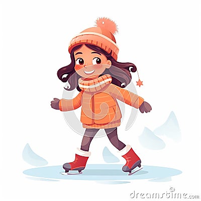 stockphoto, Girl figure ice skating vector flat illustration. Kids winter activities. Child in casual warm clothes playing sport Cartoon Illustration