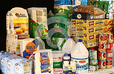 Clear Lake, WI / USA - March 15 / 2020: Stockpile of food and household supplies Editorial Stock Photo