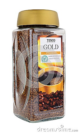 Jar of Tesco supermarket own brand gold blend instant coffee granules Editorial Stock Photo