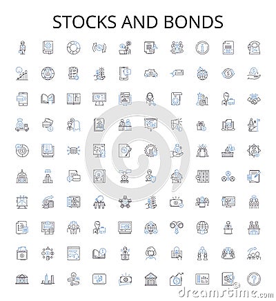 Stocks and bonds outline icons collection. stocks, bonds, investment, securities, equity, debt, market vector Vector Illustration