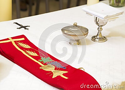 Stole of the Christian priest - Liturgical garment. Top view Stock Photo