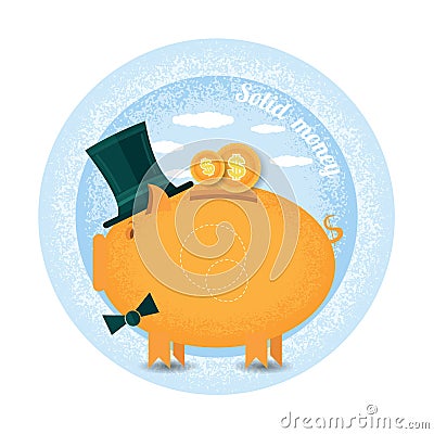 Stolen money.Three piggy bank with cylinder hat stand with coin. Vector Illustration