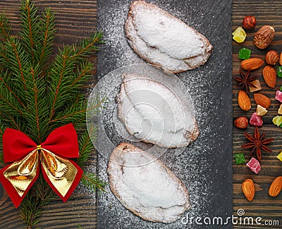 Stollen. Mini Stollen. Traditional Christmas cake with nuts, raisins and candied fruit Stock Photo