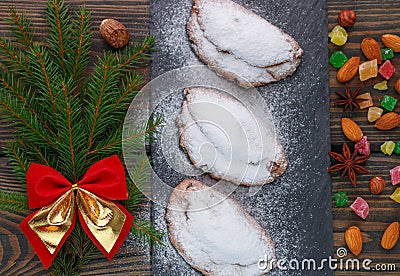 Stollen. Mini Stollen. Traditional Christmas cake with nuts, raisins and candied fruit Stock Photo