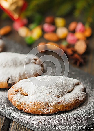 Stollen. Mini Stollen. Traditional Christmas cake with nuts, raisins and candied fruit Stock Photo