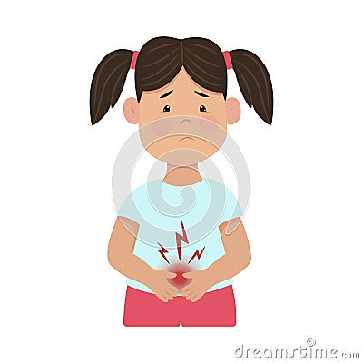 Stomach ache. Upset girl holding his stomach. Childrens rotavirus. Vector illustration. Kid diseases Vector Illustration