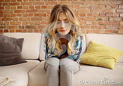 Stomach ache, women problems. Stock Photo