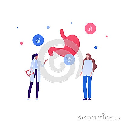Stomach check and gastrology concept. Vector flat people illustration. Digestive system checkup. Female doctor and patient Vector Illustration