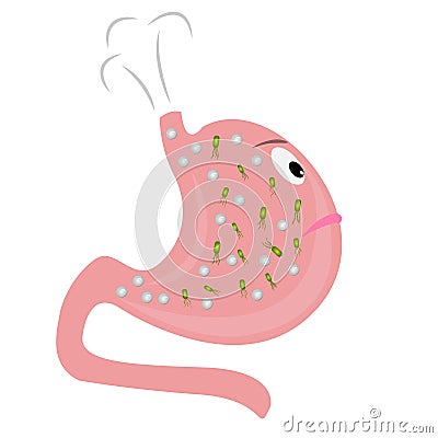 A Stomach with excess gas and Helicobacter pylori. Cartoon style Vector Illustration