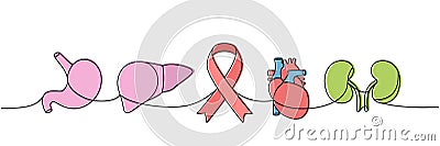 Stomach, heart, liver, kidneys one line colored continuous drawing. Cancer awareness ribbon, AIDS ribbon continuous one Cartoon Illustration