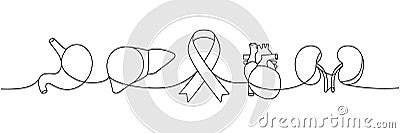 Stomach, heart, liver, kidneys one line continuous drawing. Cancer awareness ribbon, AIDS ribbon continuous one line Cartoon Illustration