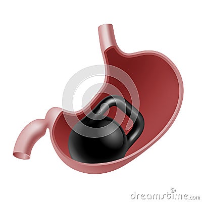 Stomach heaviness with heavy weight dumbbell inside. Digestive system problem. Vector Illustration