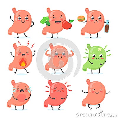 Stomach mascot. Stomaches medical character cute face healthy abdomen, crying gastric pain ulcera gut happy strong belly Vector Illustration