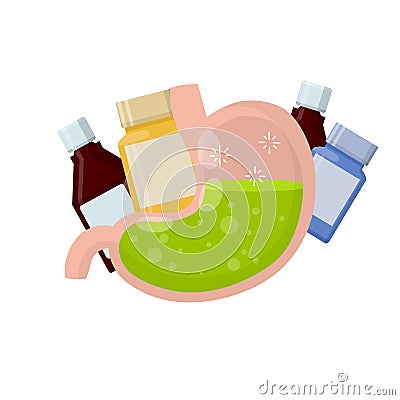 Stomach and pill. Dissolving drug. Disease of human internal organ Vector Illustration