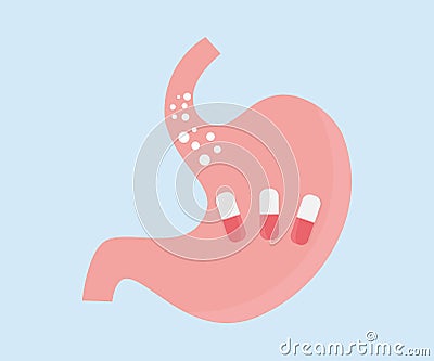 Stomach with pills logo design. Human stomach close up. Organ anatomy. Digestive system. Ulcer, cancer, gastritis, dysbiosis. Vector Illustration