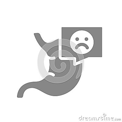 Stomach with sad face in chat bubble grey icon. Diseased organ symbol Vector Illustration