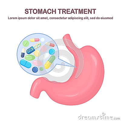 Stomach treatment. Pills, medicine, drugs and internal organ. Digestive system, tract. Painkiller, tablet, vitamine, Vector Illustration