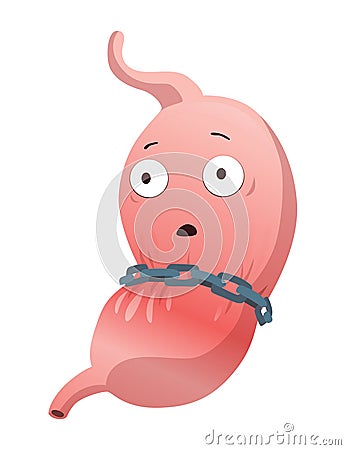 Stomach troubles icon. Sad suffering sick human stomach. Vector flat cartoon illustration design. Unhealthy stomach face Vector Illustration
