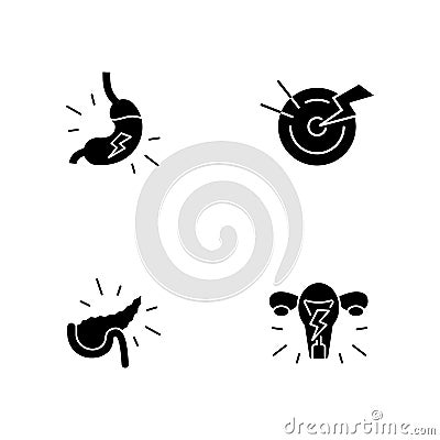 Stomachache black glyph icons set on white space Vector Illustration