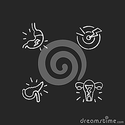 Stomachache chalk white icons set on black background Vector Illustration