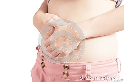 Stomachache in a woman isolated on white background. Clipping path on white background. Stock Photo