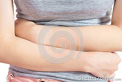 Stomachache in a woman isolated on white background. Clipping path on white background. Stock Photo