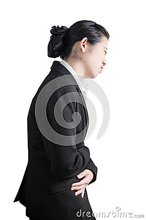 Stomachache in a woman isolated on white background. Clipping path on white background. Stock Photo