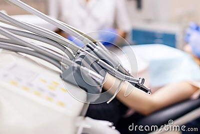 Stomatological instrument in dentists clinic close-up. Stock Photo