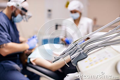 Stomatological instrument in dentists clinic close-up. Stock Photo