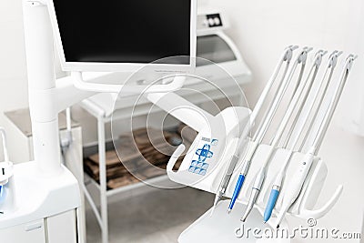 Stomatological instrument in the dentists clinic. Dental work in clinic. Operation, tooth replacement. Medicine, health Stock Photo