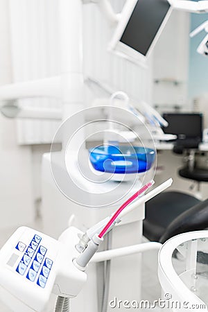 Stomatological instrument in the dentists clinic. Dental work in clinic. Operation, tooth replacement. Medicine, health Stock Photo