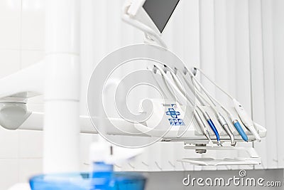 Stomatological instrument in the dentists clinic. Dental work in clinic. Operation, tooth replacement. Medicine, health Stock Photo