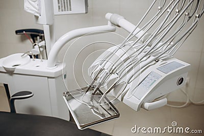 Stomatological instrument in the dentists clinic. Dental work in clinic. Stock Photo