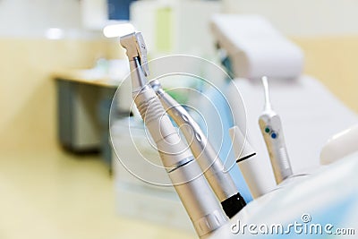 Stomatological tool kit. Closeup hightech Dentist equipments Stock Photo