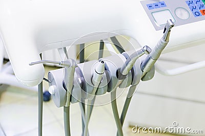 Stomatological tool kit. Closeup hightech Dentist equipments Stock Photo