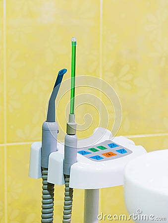 Stomatological tool kit. Closeup hightech Dentist equipments Stock Photo