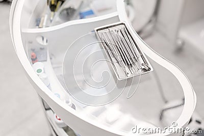 Stomatological tools in the dentists clinic. Dental work in clinic. Operation, tooth replacement. Medicine, health Stock Photo