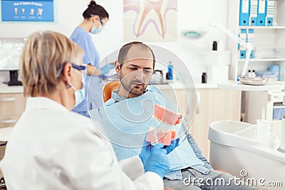 Stomatologist senior woman holding medical tooth skelaton Stock Photo