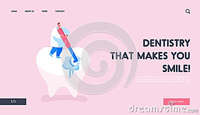 Stomatology Clinic Care Service, Dentistry Landing Page Template. Tiny Dentist Doctor Character Vector Illustration