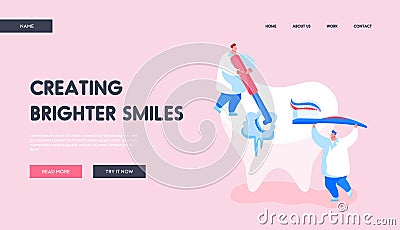 Stomatology Clinic Care Service, Dentistry Landing Page Template. Tiny Dentist Doctor Characters Vector Illustration