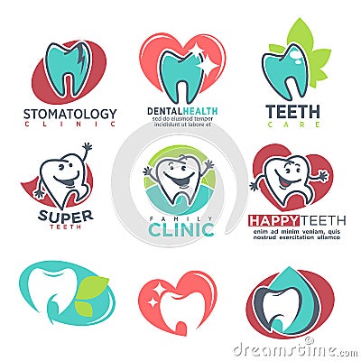 Stomatology Clinic Happy Teeth Emblems Poster Vector Illustration