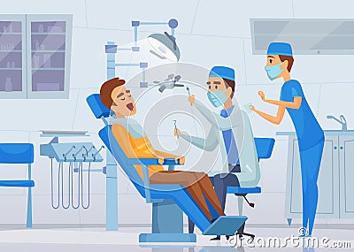 Stomatology clinic. Medical stuff dentists specialists working in diagnostic cabinet vector healthcare concept cartoon Vector Illustration