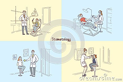 Stomatology clinic, people at dentist office, stomatologist examining patient teeth, child visit pediatrician banner Vector Illustration